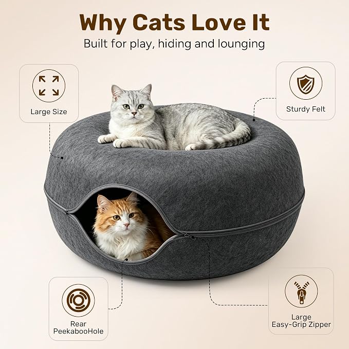 Cat Caves for Indoor Cats, Large Cat Tunnel for Multiple & Large Cats, Scratch Detachable Cave Bed, Kitten Donut Kitty Hideaway Up to 45 Lbs (Dark Grey, Jumbo, 2 Pack)