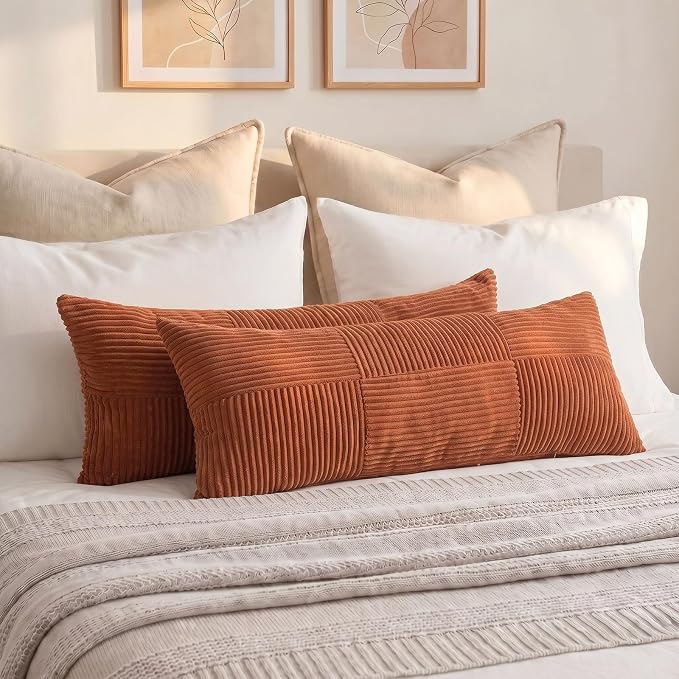 Fancy Homi Set of 1 Rust Boho Long Lumbar Body Decorative Throw Pillow Cover 21x54 Inch for Bed Couch Bedroom Bench, Soft Patchwork Corduroy Textured Pillow Case, Rustic Farmhouse Room Decor