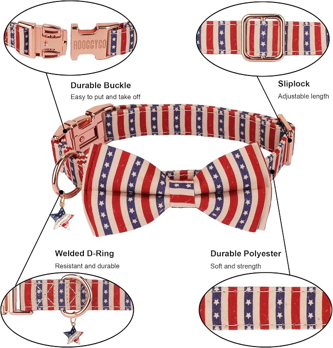 ADOGGYGO American Flag Dog Collar with Bow, Detachable Striped Star Bow, Metal Buckle, Adjustable Patriotic 4th of July Collars for Small Dogs Boy Girl Male Female (Small)