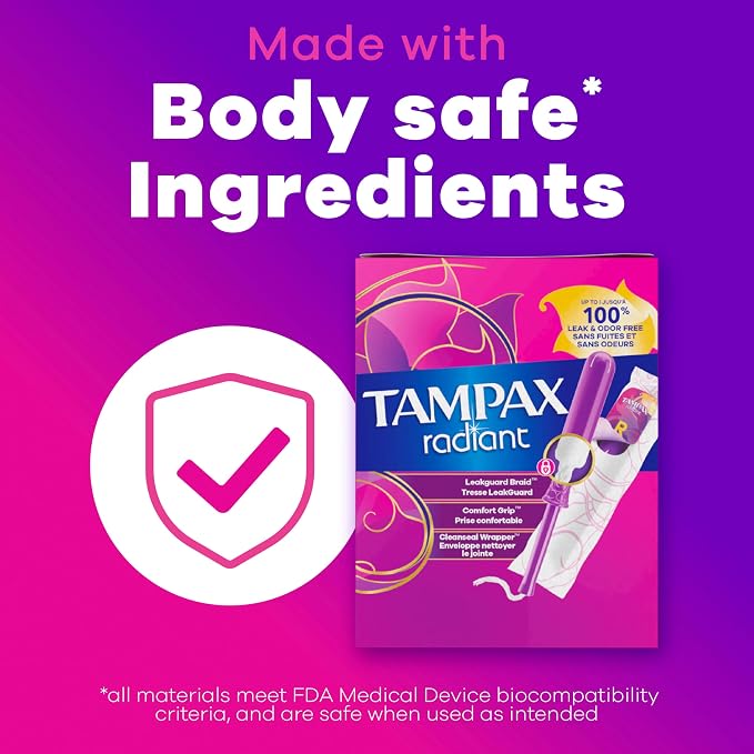 Tampax Radiant Tampons for Women, with LeakGuard Braid, Regular Absorbency, Unscented, 84 Count (3 Packs of 28), Packaging May Vary