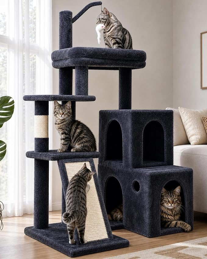 Globlazer Cat Tower for Indoor Adult Cats, 50-inch Heavy Duty Cat Tree House for Big Cats with Extra-Large Padded Platform, Sisal Scratching Board, 2 Large Condos, F50, Dark Grey