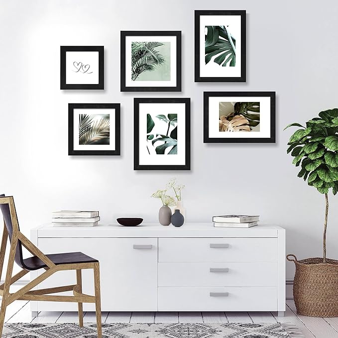 Hongkee 8x8 Picture Frames Set of 4, Made of Glass and Rustic Black Wooden Frame - Display Picture 6x6 with Mat or 8 x 8 Without Mat, 8 by 8 Photo for Wall or Tabletop