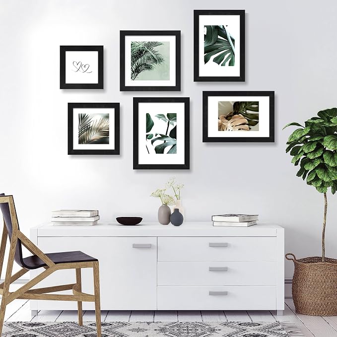 Hongkee 9x12 Picture Frame Set of 4, Made of Glass and Rustic Black Wooden Frame - Display Picture 6x8 with Mat or 9 x 12 Without Mat, 9 by 12 Photo for Wall or Tabletop