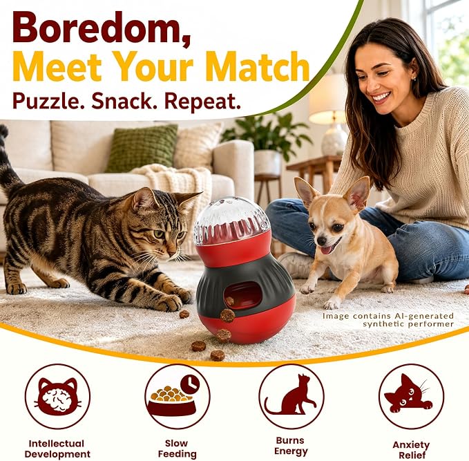 Tiny/Small Dog & Cat Treat Dispenser Wobble Ball, Red-Black
