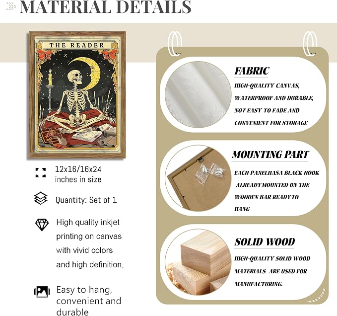 Framed The Reader Tarot Canvas Wall Art, Skeleton Reader Tarot Card Pictures Wall Decor, Bookish Witchy Library Poster Print Artwork for Witchy Reading Nook Book Lover Gift 16x24 inch