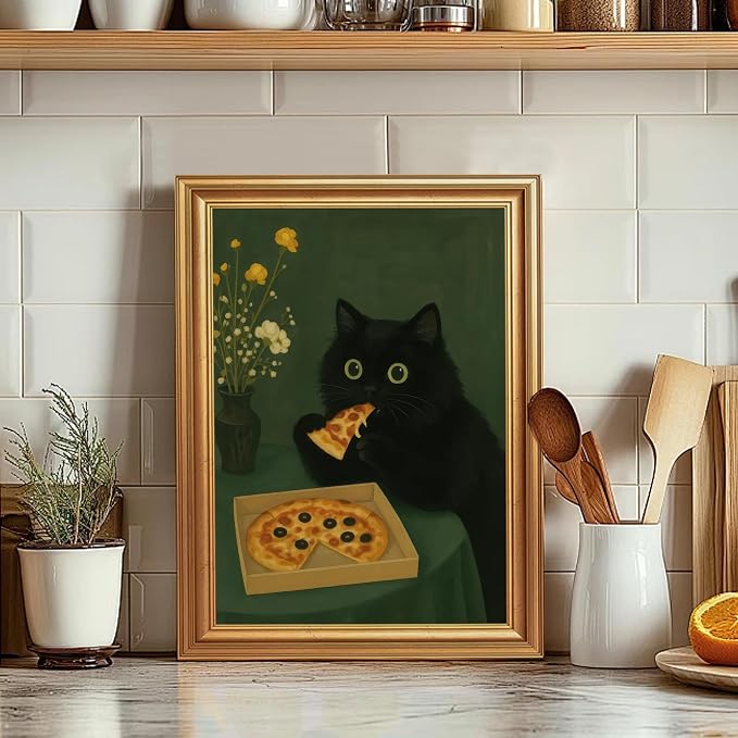 ICHZUMW Gold Framed Funny Black Cat Eating Pizza Canvas Wall Art, 16x24 In | Quirky Cat Print Humorous Animal Kitchen Wall Decor, Dining Room Bedroom Living Room, Fade Resistant, Ready to Hang