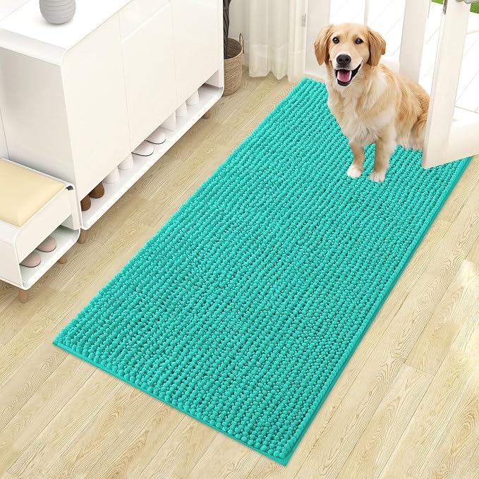OLANLY Dog Door Mat for Muddy Paws 44x24, Extra Absorbent Chenille Mud Mat | Teal, Absorbs Moisture and Dirt, Non-Slip Machine Washable Doormat, Quick-Drying Indoor Entryway Floor Mat for Dogs