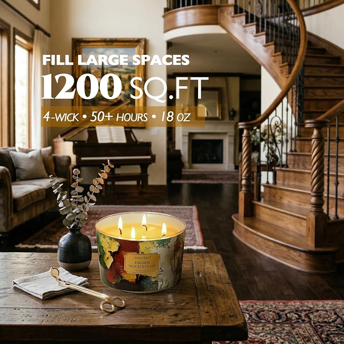 HomeLights 4-Wick Candles for Home Scented - 18oz Soy Wax Blend Candle Long-Lasting Fragrance, Industrial Chic Home Decor and Housewarming Gifts, Fireside Wood & Glow