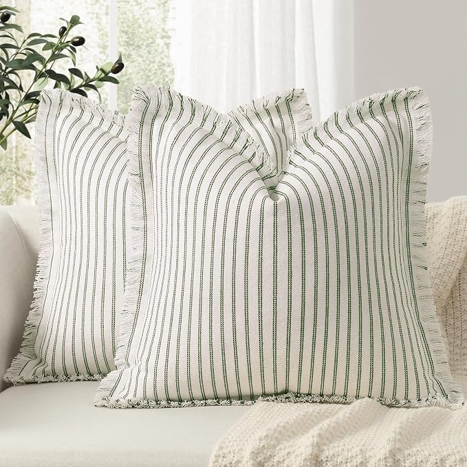 Throw Pillow Covers 20x20 Set of 2 Striped Pillow Covers with Fringe Chic Cotton Decorative Pillows Square Cushion Covers for Sofa Couch Bed Living Room Farmhouse Decor (Olive Green)