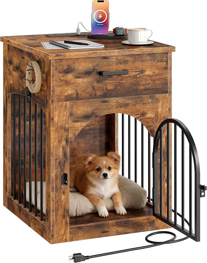 CHOEZON Dog Crate Furniture, Wooden Dog Kennel with Charging Station and Storage Drawer, Indoor Pet Crate End Table for Small Breeds, Dog Cage Furniture for Living Room, Bedroom, Rustic Brown MGW01UFG