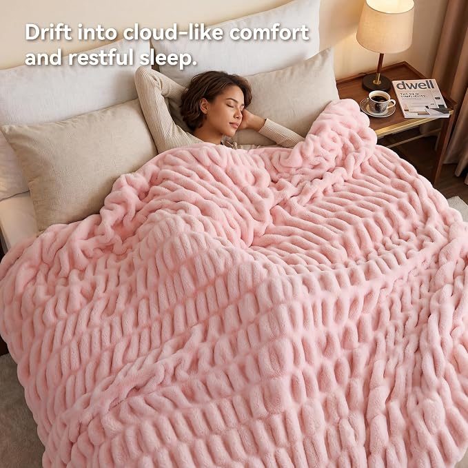 Blush Pink Fluffy Blanket for Couch - Luxury Faux Rabbit Fur 60"x80" | Ultra Soft & Plush Comfort Ruched Blanket, Cozy Fuzzy Fleece Throw for Sofa, Bed & Office, Gift for Women, Pink Room Decor