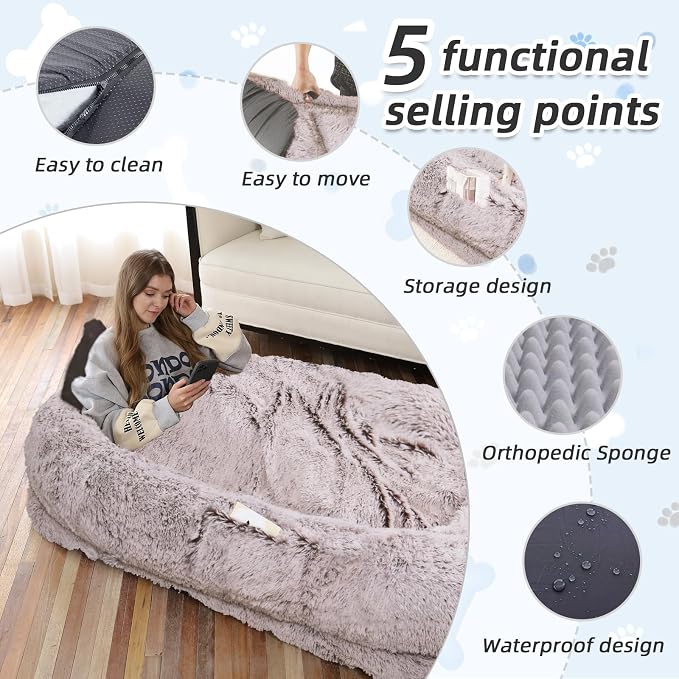 WROS Human Dog Bed for Adult, 71"x45"x12" Giant Calming Nest Bed, RustWhite | Washable Soft Faux Fur Cover, Orthopedic Foam Support, Non-slip Bottom, Includes Blanket, Strap & Pillow