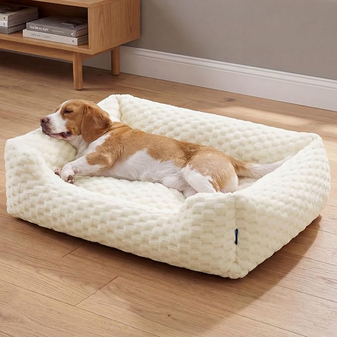 Bedsure Washable Dog Beds Large Sized Dog with Bubble Fleece,35in Cream | Cute Pet Bed,Fluffy Cuddler Pet Couch,Neck-Friendly Bolster,Non-Slip Bottom,Machine Washable Removable Cover ,Up to 50 lbs