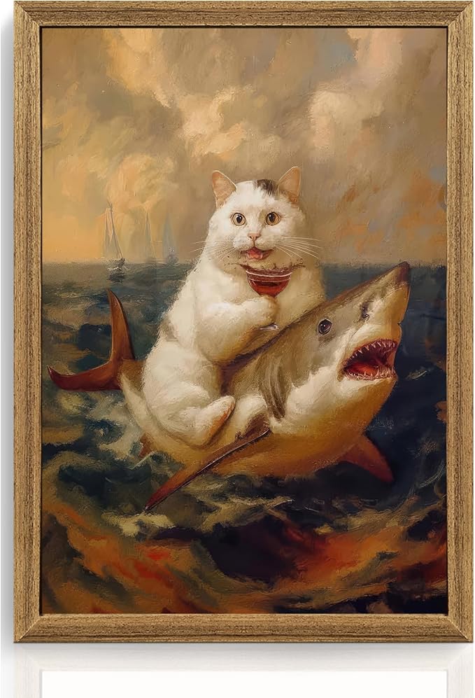 ICHZUMW Framed Funny White Cat Riding Shark Ocean Canvas Wall Art 16x24 In | Quirky Cat Drinking Wine Riding Shark Oil Painting, Humorous Bathroom Wall Decor, Bedroom Restroom Powder Room, Ready to Hang