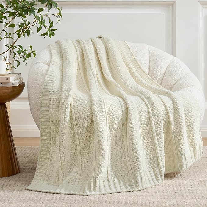 Premium Chenille Throw Blanket, Soft Cozy Moss Stitch Knit Blanket for Couch, Sofa, Chair, Home Decor, Cream White 50"x60"