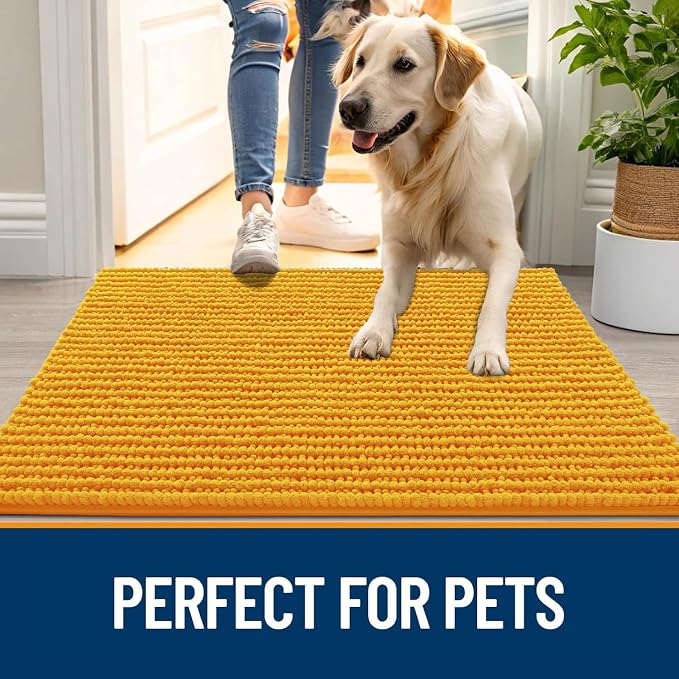OLANLY Dog Door Mat for Muddy Paws 24x16, Extra Absorbent Chenille Mud Mat | Golden Yellow, Absorbs Moisture and Dirt, Non-Slip Machine Washable Doormat, Quick-Drying Indoor Entryway Floor Mat for Dogs
