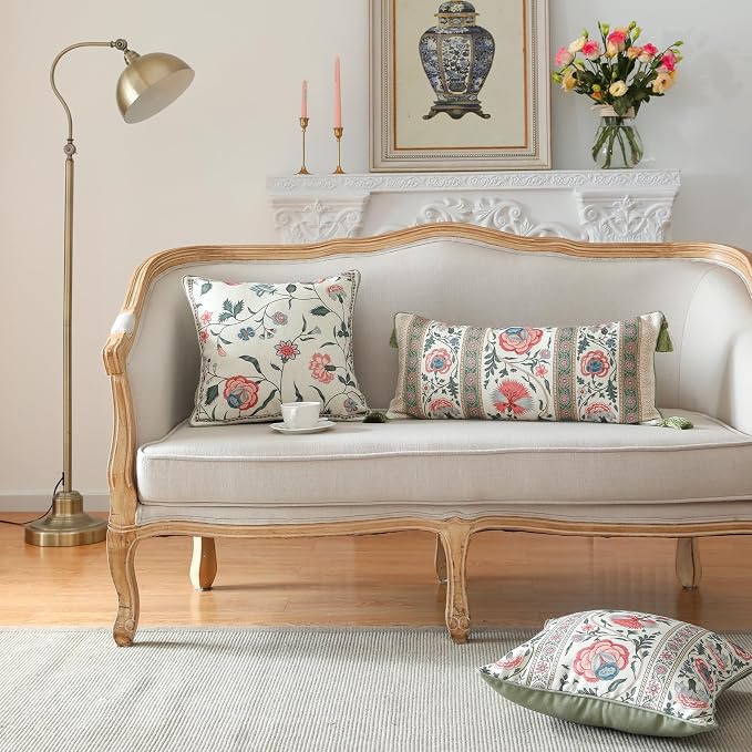 French Linen Rectangle Throw Pillow Cover,Set of 2,20"x12"-Daffy B | Designer French Elegant Pillow Cover,Concealed Zipper Design,Floral Pattern,Sofa,Bedroom,Living Room,Lounge Chairs