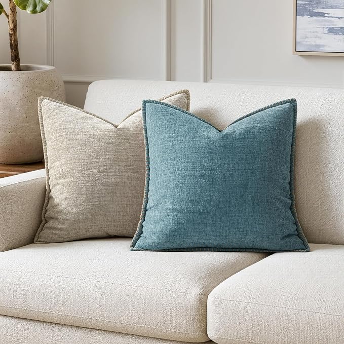 MIULEE Decorative Couch Throw Pillow Covers 18x18 Inch Smoke Blue 2 Pack | Farmhouse Pillow Covers with Stitched Edge, Soft Chenille Cushion Cases, for Sofa Bed Living Room Home Decor