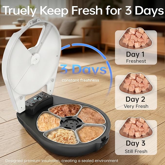 Automatic Wet Food Cat Feeder, 3 Days Freshness 5 Meals Cat Food Dispenser, Semiconductor Cooling & Heating with 304 Stainless Steel Bowl, Programmable Timer Refrigerated Auto Cat Feeder