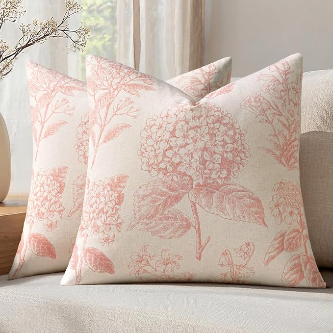 Set of 2 Decorative Floral Pillow Covers 20x20 Inch Light Pink | Neutral Hydrangea Print, Boho Vintage Throw Cushion Covers, Cottagecore Home Decor, for Sofa Couch Porch Bedroom Living Room