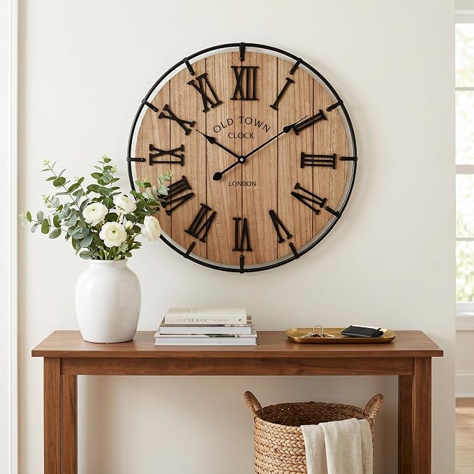 EMAX HOME 24 Inch Large Farmhouse Wall Clock, Natural Wood Grain Face with Black Metal Frame, Silent Non-Ticking Quartz Movement, Vintage Wall Decor for Living Room, Bedroom, Dining Room