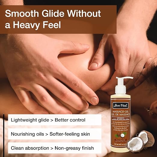 Bon Vital' Coconut Massage Gel, 8 oz, Lightweight Formula with Pure Fractionated Coconut Oil, Professional Therapy Lotion, Hydrating and Unscented