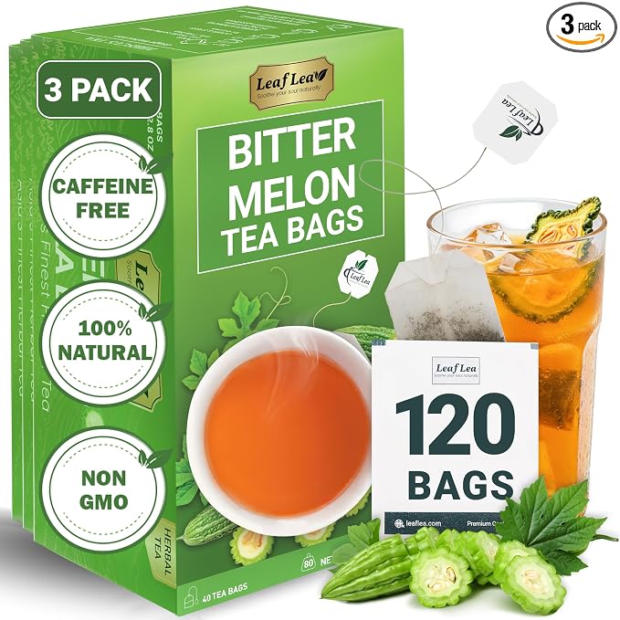LeafLea Bitter Melon Tea Bags, Cerasee Momordica Charantia Tea, 120 Count | Natural Cundiamor Bitter Gourd Herbal Tea, Caffeine-Free, Sugar-Free, Vegan, Value Pack of 3 for Family