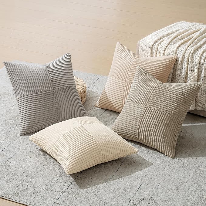 MIULEE Neutral Decorative Throw Pillow Covers 16x16 Inch Set of 4 for Livingroom Couch Sofa Modern Farmhouse Soft Corduroy Cushion Cases Striped Patchwork Home Decor (Cream,Grey)