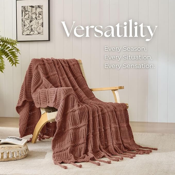 Boho Knitted Chenille Blanket with Tassels - Lightweight & Soft All-Season Throw - 3D Classic Pattern for Living Room Bedroom Couch, Clay Brown, King 90"x108"