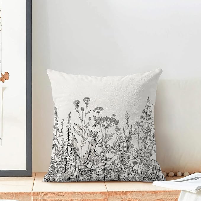 AEIOAE Black White Gray Pillow Covers 16x16 Inch Set of 2, Spring Wildflower Plant Throw Pillows Case,Seasonal Floral Outdoor Decorative Flowers Farmhouse Decor Cushion Covers for Home Sofa Bed Couch