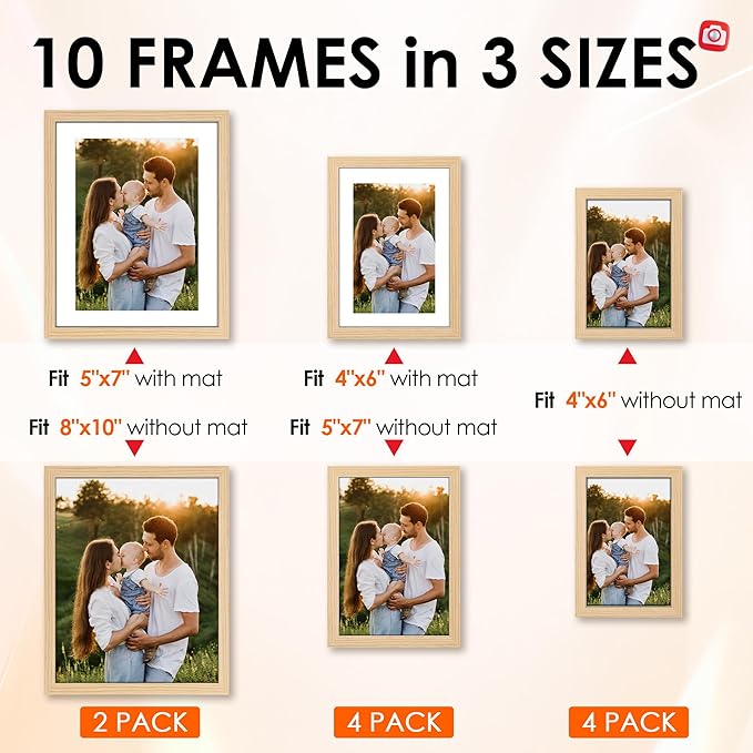 10 Pack Natural Picture Frames Collage Wall Decor for Mounting or Tabletop Display, Gallery Wall Frame Set with Two 8x10 Natural Frames, Four 5x7 and Four 4x6 Frames, Multi-Pack Photo Frame Set