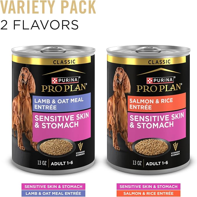 Purina Pro Plan Sensitive Skin & Stomach Wet Dog Food Variety, (12) 13 oz | Classic Pate Salmon & Rice Entree and Lamb & Oat Meal Entree Variety Pack, digestible dog food with natural prebiotic fiber