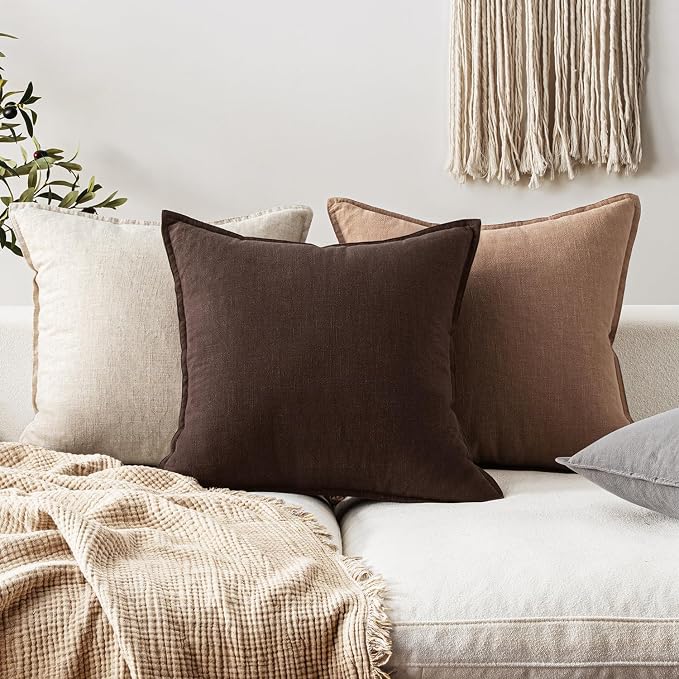 EMEMA Euro Sham Decorative Linen Throw Pillow Covers 24x24 Inch Dark Brown | Boho Farmhouse Neutral Couch Throw Pillows for Bed Pack of 2 Accent Pillowcase Modern Sofa Cushion Livingroom Home Decor