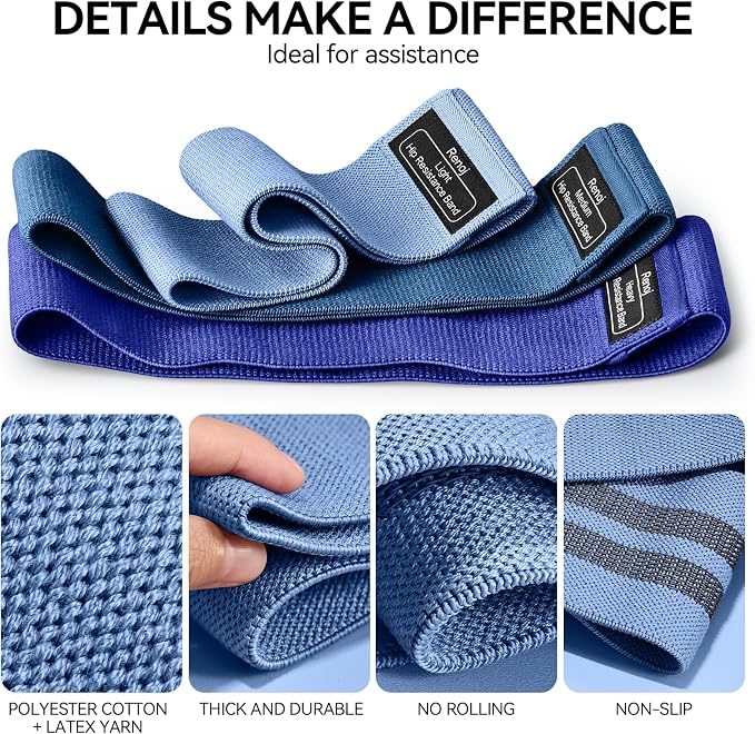 Renoj Resistance Bands for Working Out: 3-Set Professional Exercise Bands for Pilates, Yoga, Home Gym, Booty, Leg Training | Heavy/Medium/Light Fabric Loops for Women Men