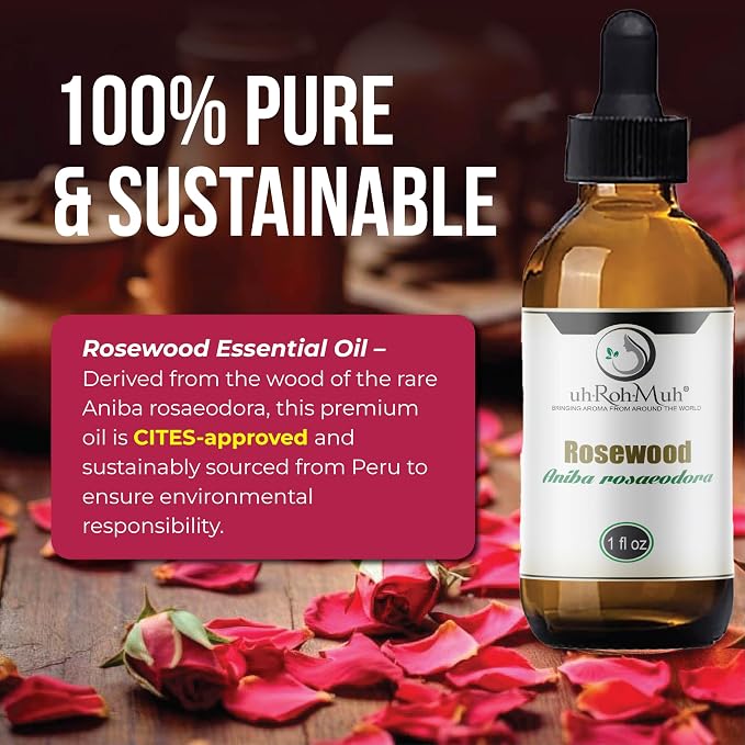 Rosewood Essential Oil (Bois de Rose) – 100% Pure, Unadulterated & Sustainable | Steam Distilled for Aromatherapy, Skin Care & Perfumery | Calming, & Therapeutic Quality | Peru | 1oz