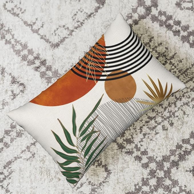 Boho Pillow Covers 12x20 Set of 2 Green Gold Orange Throw Pillows Tropical Leaves Sunset Modern Mid Century Decorative Pillowcase Outdoor Bohemian Linen Cushion Case for Couch Sofa Bed Decor