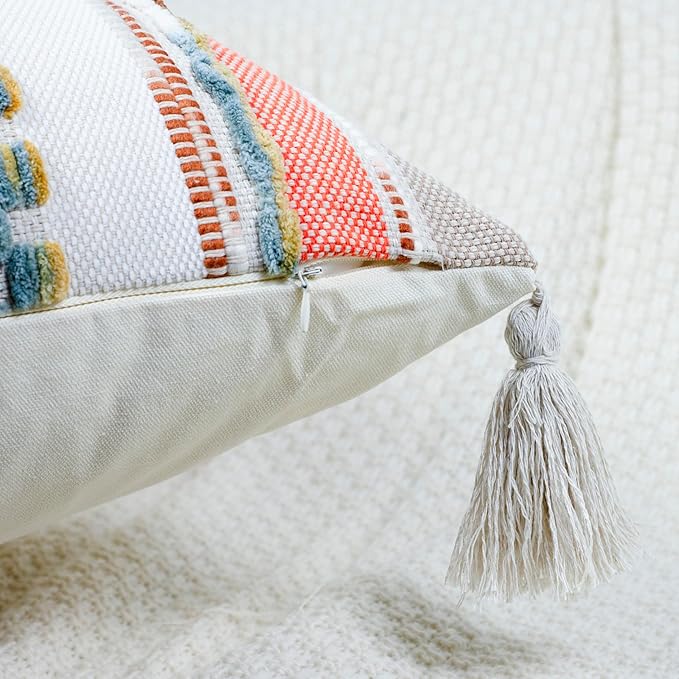 PANOD Chenille Farmhouse Throw Pillow Covers 18 x 18 Red Brown, Neutral Boucle Couch Pillow Cover, Striped Decorative Boho Coushion Cover Pillow Case for Couch Bed Sofa Bedroom,Modern Accent,Set of 2