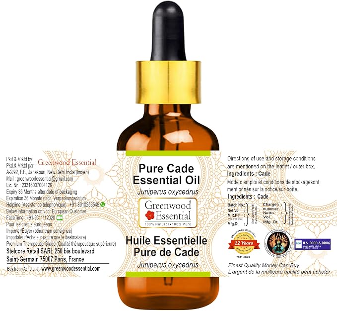 Greenwood Essential Cade Essential Oil (Juniperus oxycedrus) with Glass Dropper | Pure | Non-Sticky | Non-Greasy | Lightweight | Unisex | All Skin Types | Steam Distilled 10ml (0.33 oz)