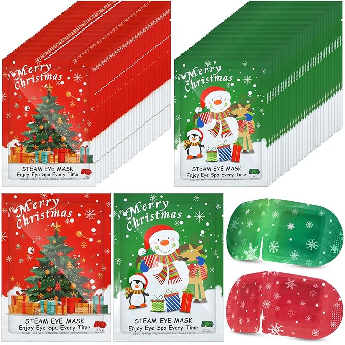 Demissle 96 Pack Christmas Steam Eye Masks Bulk for Dry Eyes Disposable Eyes Masks Cover Self Heating Red and Green Moist Heat Eyemasks Holiday Warm Eye Compress Gift for Women Home Office Travel