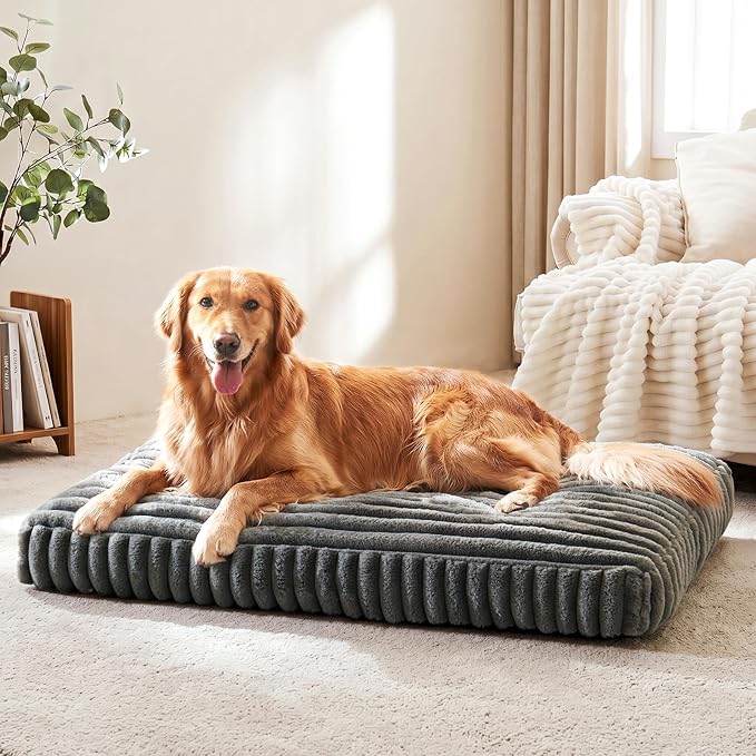 XL Dog Bed for Large Dogs, Orthopedic Dog Beds Washable with Removable Cover, Extra Thick Crate Bed Pet Mat with Shredded Chopped Foam & Anti-Slip Bottom, 35"x23"x4", Grey