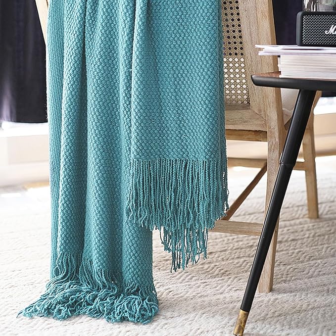 LOMAO Knitted Throw Blanket with Tassels Bubble Textured Lightweight Throws for Couch Cover Home Decor (Lake Blue, 50x60)