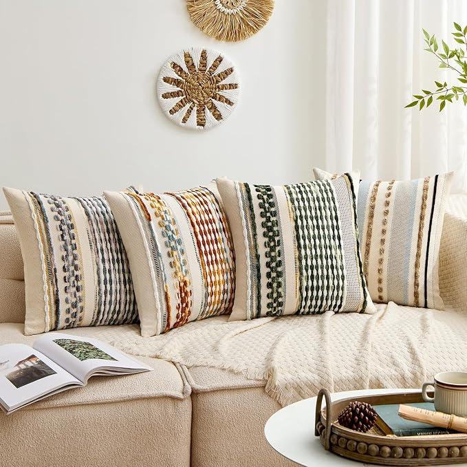 ANRODUO Boho Decorative Throw Pillow Covers Brown Stripe 18x18 Pack of 1 | Throw Pillow Covers, Farmhouse Cushion Case, Chenille Pillow Cases, Pillow Covers, Accent Neutral Pillowcase for Couch Bed