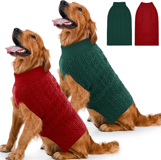Dog Sweater 2 Pack for Large Dogs, Size XL, Red & Green | Stretchy cable knit turtleneck, machine washable, high belly cut, comfy winter fit for English Bulldog, Boxer