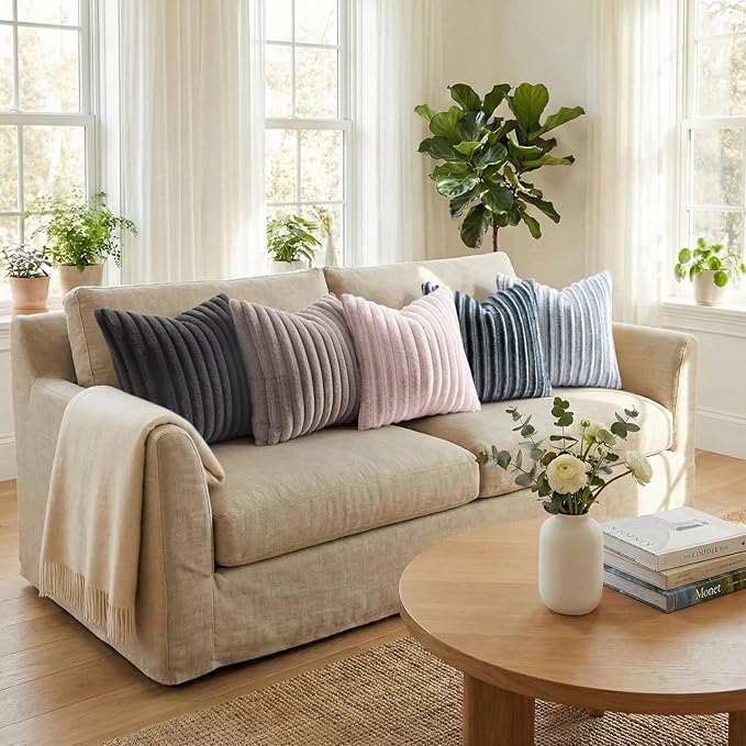 Pallene Faux Fur Decorative Throw Pillow Covers 26x26 Set of 2, Ombre Pink | Luxury Plush Texture, Striped Design, Cozy Soft Touch, Modern Home Accent Decor for Couch, Sofa, Bed, Living Room