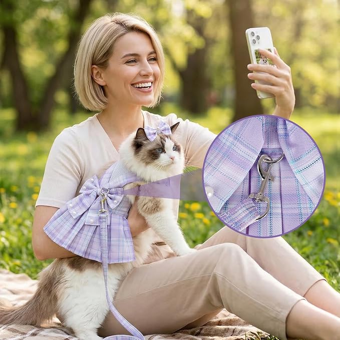 Cute Plaid Dog Dress Clothes for Small Dogs Cats Girl Purple Plaid Dog Dress with Pearls Bow Tie Harness Leash for Spring Summer Birthday Puppy Bunny Rabbit Yorkies Chihuahua Outfits