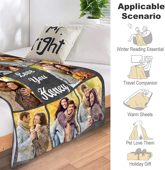 ICELIETE Custom Blanket with Picture Customized Fleece Photo Blanket for Couples Gifts Personalized Blankets and Throws Christmas Valentines Day Gifts for Boyfriend Girlfriend