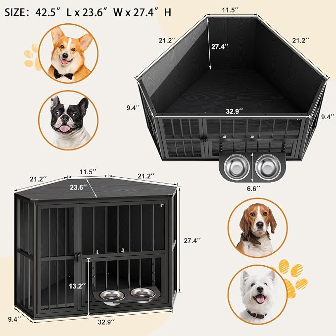 Corner Dog Crate Furniture for Small Dogs, Indoor Kennel End Table, Black