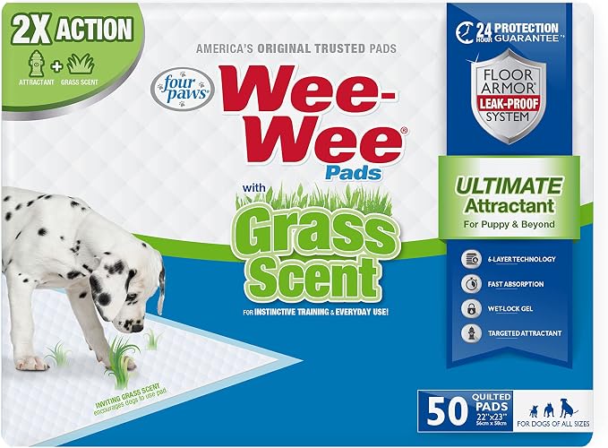 Four Paws Wee-Wee Ultimate Attractant Dog Pee Pads for Instinctive Training, Leak-Proof Floor Protection Dog & Puppy Quilted Potty Training Pads, Grass Scent, 22" x 23" (50 Count) | Smells like real grass, leak-proof puppy pads, dog housebreaking & pot...