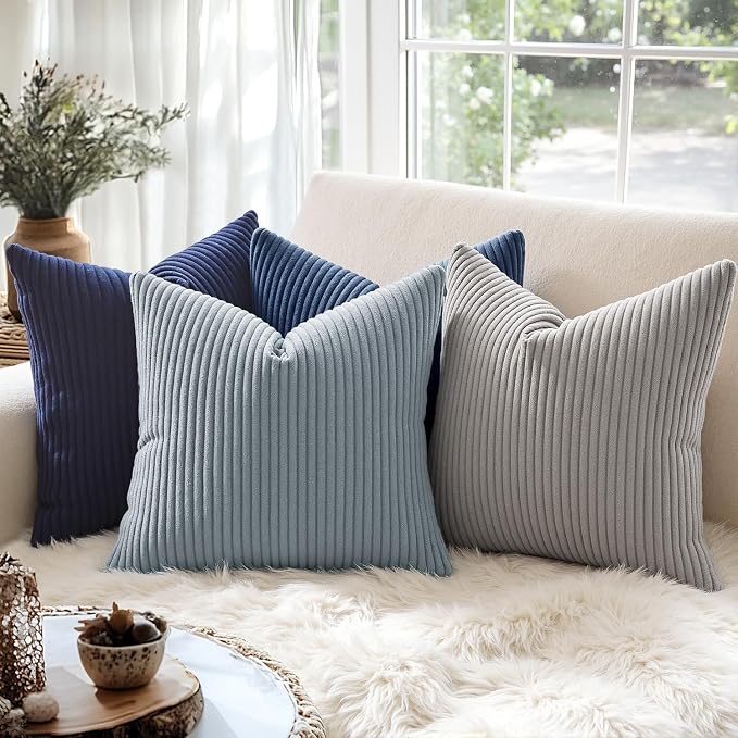 MIULEE Decorative Corduroy Throw Pillow Covers Set of 2 18x18 Dusty Blue | Soft Striped Textured Cushion Cases, Boho Coastal Square Pillowcases for Home Decor, for Couch Chair Sofa Bed Living Room