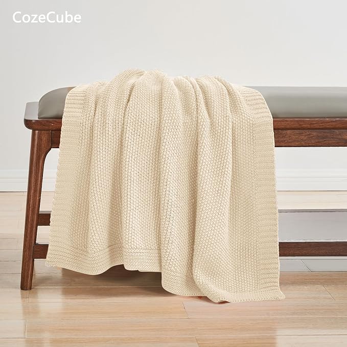 CozeCube Light Beige Seed Stitch Throw Blanket 60"x80", Farmhouse Decor | Blanket for Couch, Soft Cozy Cable Knit Throw for Bed Sofa Living Room, Lightweight Warm Decorative Christmas Blanket